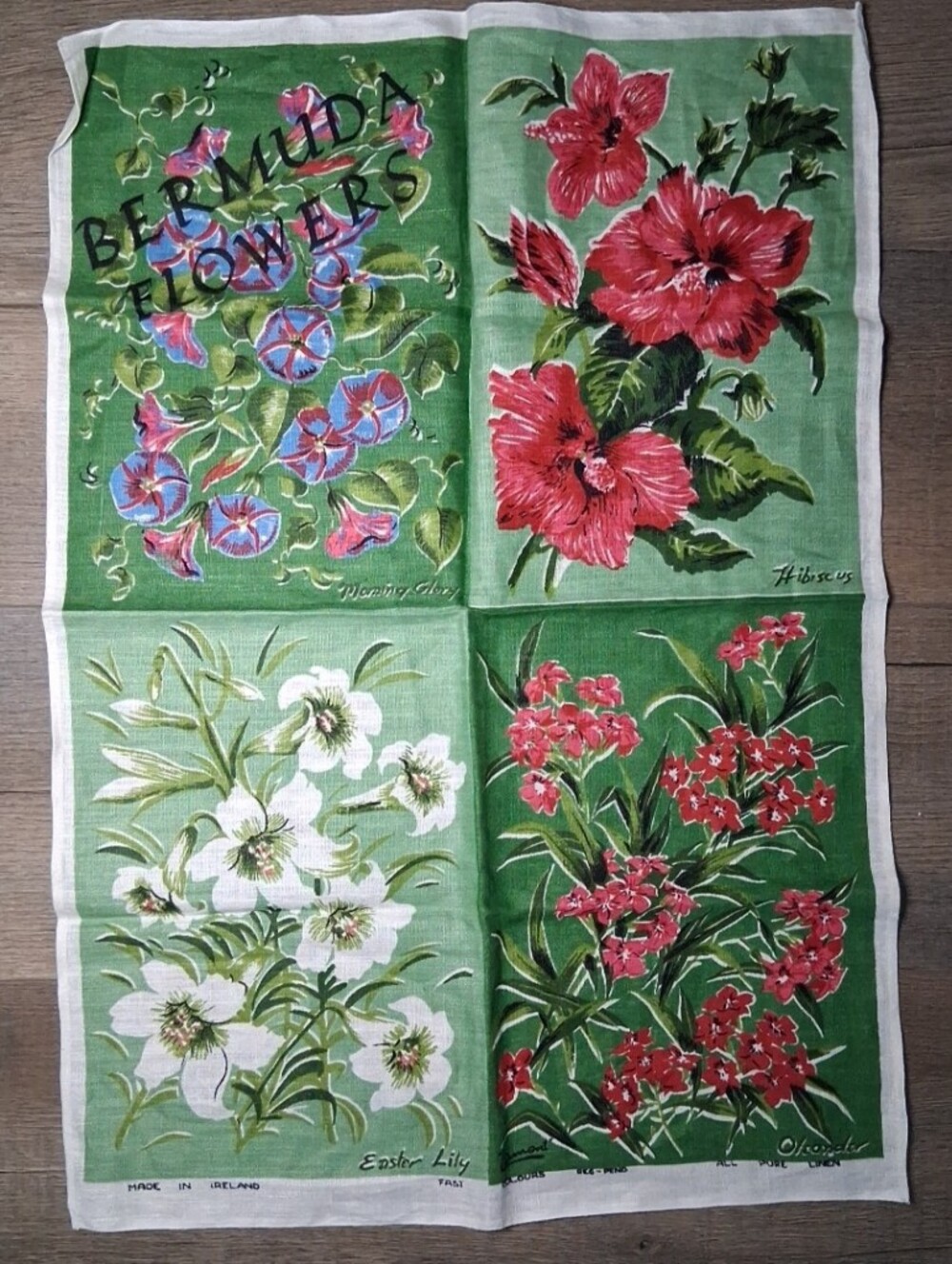 Vintage Lamont Irish Linen Tea Towel "Bermuda Flowers" 30" x 20"